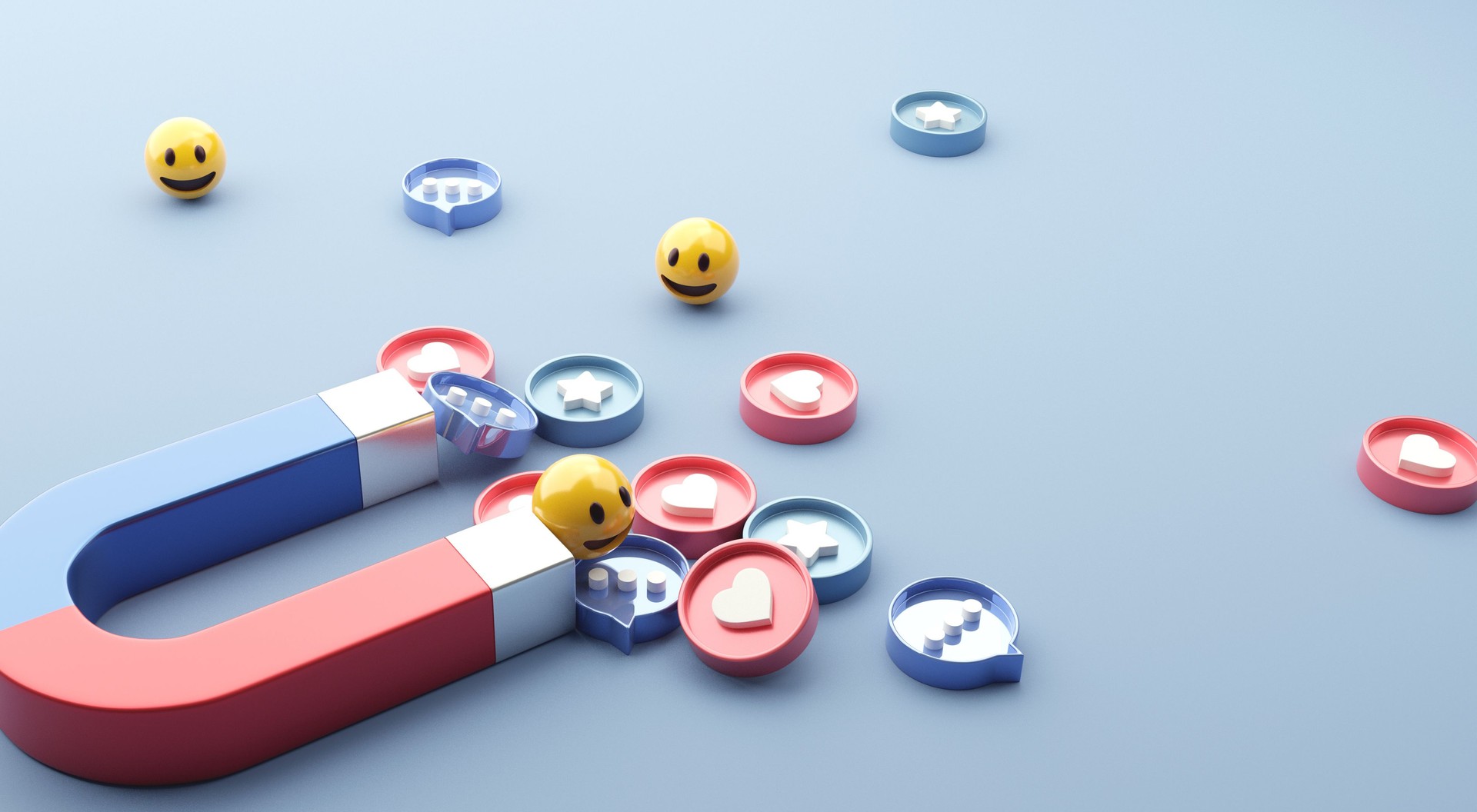 Concetto di social media marketing. Attrarre (emoji, come, amore, stella, icona dei commenti) con un enorme magnete.